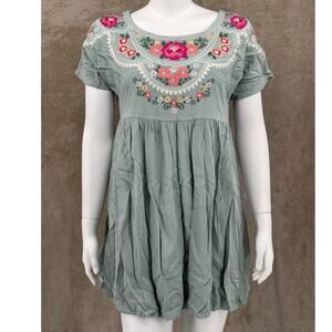 Savanna Jane Top Women Small Green Floral Embroidered Babydoll Tunic Boho Spring
